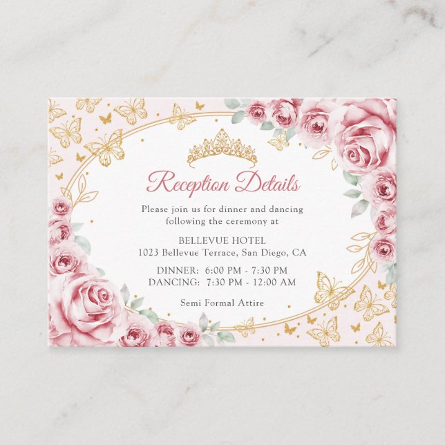 Pink Gold Quinceanera Reception Details Enclosure Card (Front)