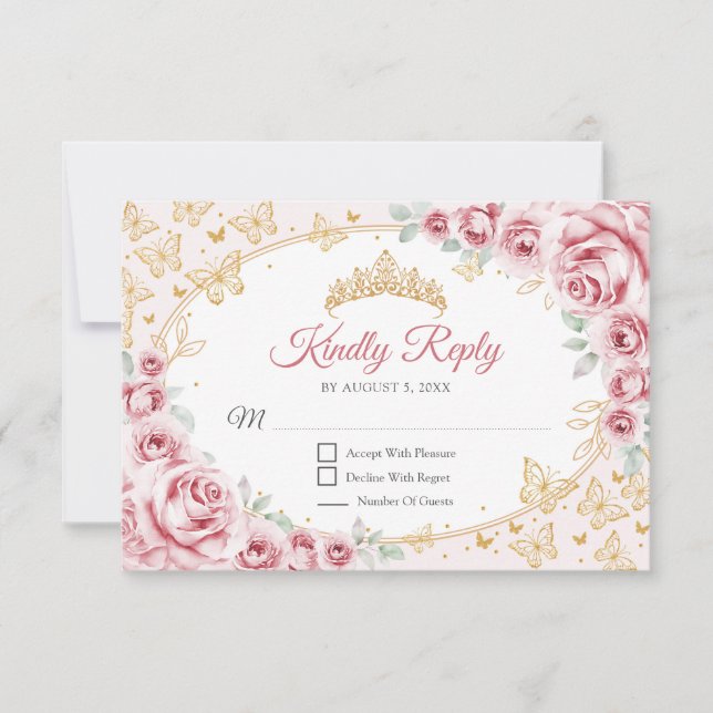 Pink Gold Quinceanera Reply RSVP Card (Front)