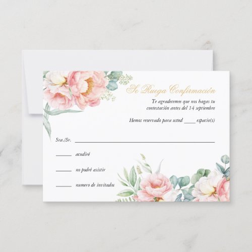 Pink Gold Quinceaera RSVP Card in Spanish