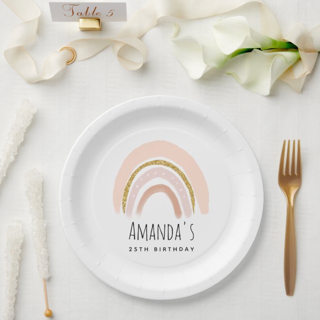 Pink & Gold Rainbow Elegant Boho Birthday Paper Plates (Wedding)