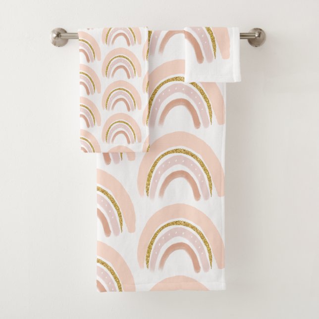 Pink & Gold Rainbow Elegant Boho Pattern Bath Towel Set (Insitu)
