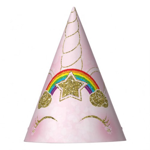 Pink  Gold Rainbow Star Unicorn Horn Face Party Hat