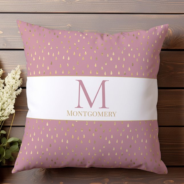 Pink Gold Raindrop Modern Trendy Monogram Throw Pillow (Creator Uploaded)