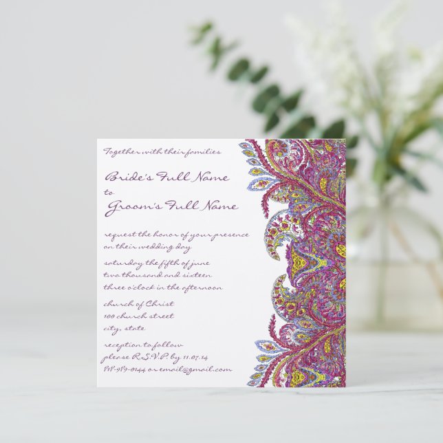 Pink Gold Raspberry Paisley Damask Floral Wedding Invitation (Standing Front)
