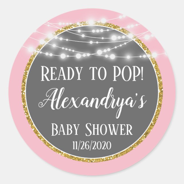 Pink Gold Ready To Pop Baby Shower Favor Tags (Front)