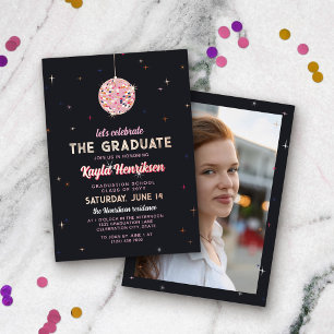 Pink Gold Retro Discoball Flares Graduation Party Foil Invitation