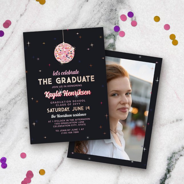 Pink Gold Retro Discoball Flares Graduation Party Foil Invitation (Creator Uploaded)