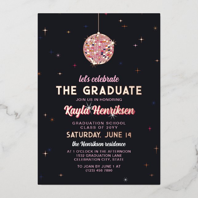 Pink Gold Retro Discoball Flares Graduation Party Foil Invitation (Front)