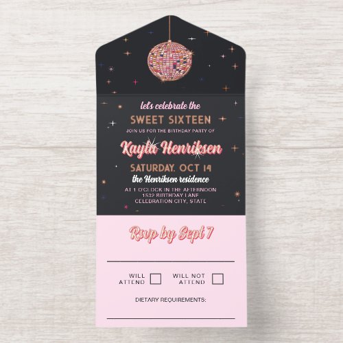 Pink Gold Retro Discoball Flares Sweet 16 Party All In One Invitation