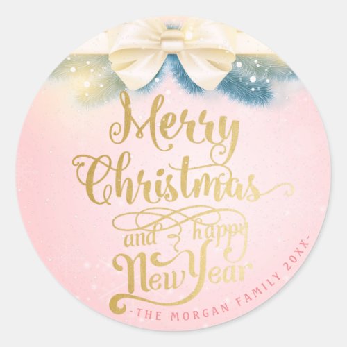 Pink Gold Ribbon Christmas Happy New Year Greeting Classic Round Sticker
