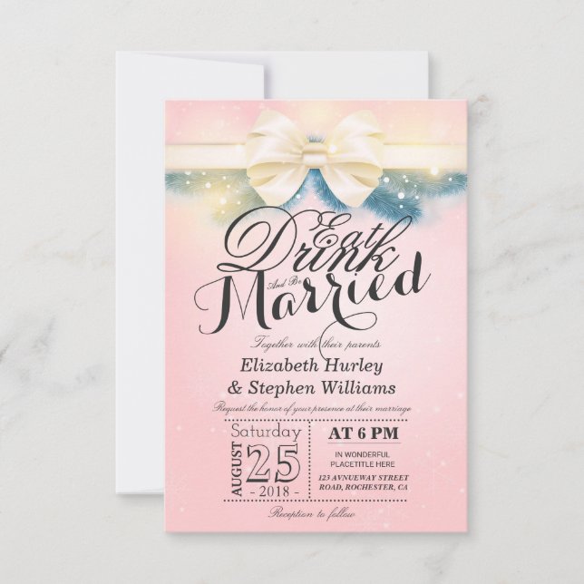 Pink Gold Ribbon EAT Drink & Be Married Invitation (Front)