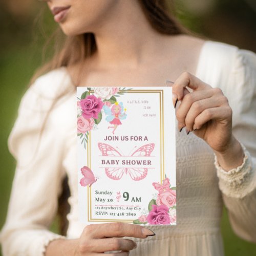 Pink Gold Rose Butterfly baby shower invitation