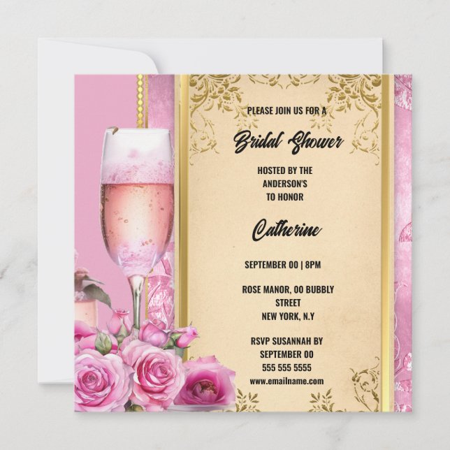 Pink gold rose sparkling wine luxurious bridal  holiday card (Front)