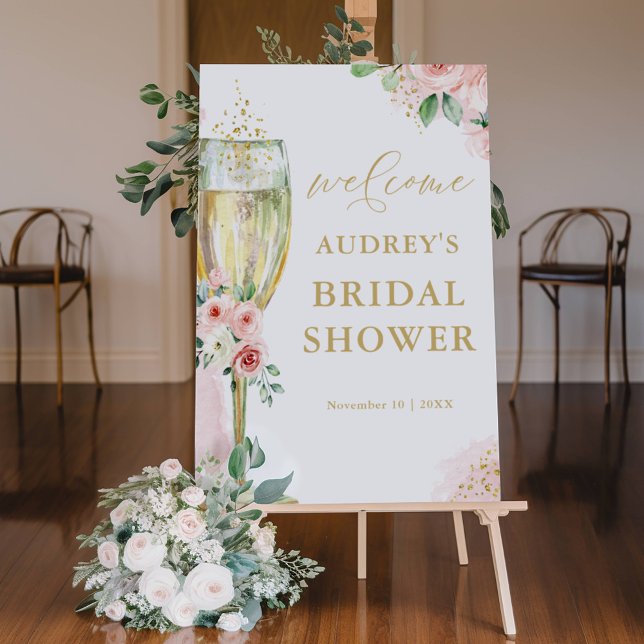 Pink & Gold Roses and Champagne, Welcome Foam Board (Creator Uploaded)