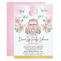Pink Gold Roses Drive Through Girl Baby Shower Invitation