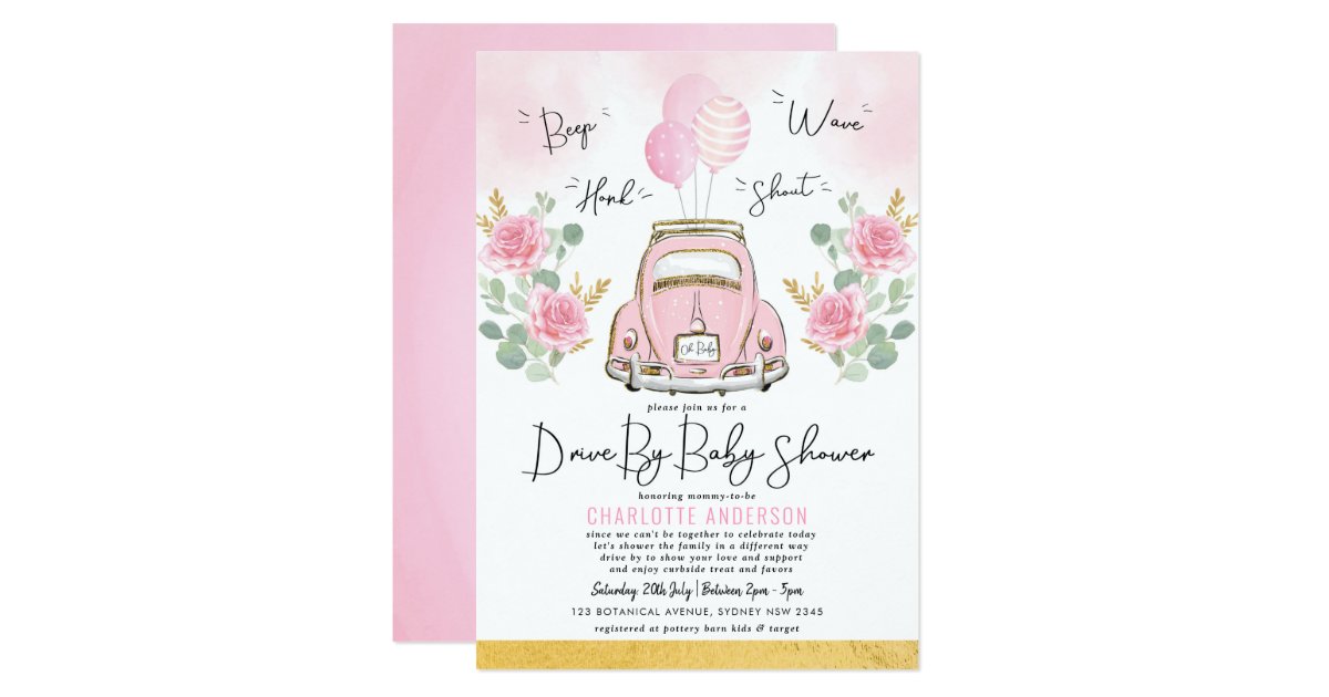 Pink Gold Roses Drive Through Girl Baby Shower Invitation