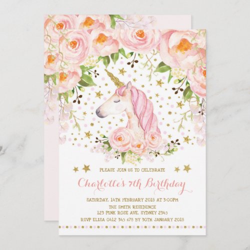 Pink Gold Roses Floral Unicorn Birthday Party Invitation