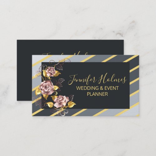 Pink Gold Roses Grey Golden Stripes Lines Floral Business Card