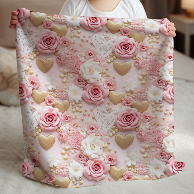 Pink Gold Roses Heart Baby Blanket (Pretty pink and gold roses and hearts baby blanket.)