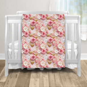 Pink Gold Roses Heart Fleece Blanket