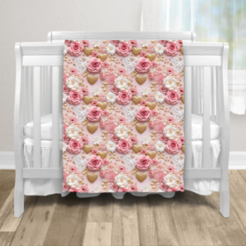 Pink Gold Roses Heart Fleece Blanket by The_Baby_Boutique at Zazzle