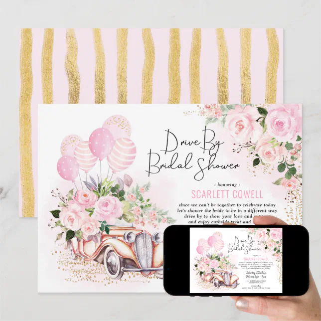 Pink Gold Roses Retro Car Drive By Bridal Shower Invitation Zazzle