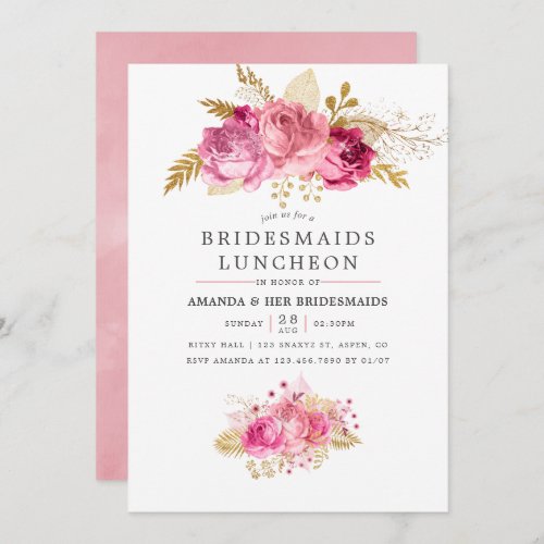 Pink  Gold Roses Watercolor Bridesmaids Luncheon Invitation