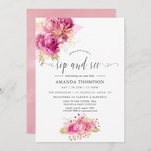 Pink  Gold Roses Watercolor Sip and See Invitation