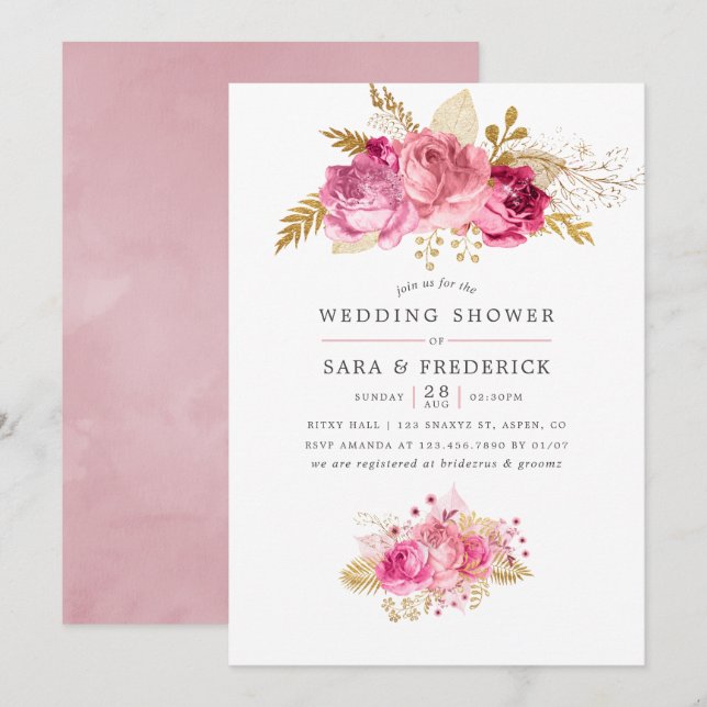 Pink & Gold Roses Watercolor Wedding Shower invite (Front/Back)