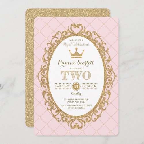 Pink Gold Royal Crown Princess 2nd Birthday Party Invitation