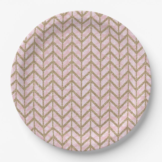 Pink Gold Royal Damask Chevron Glitter Photo Print Paper Plates (Front)