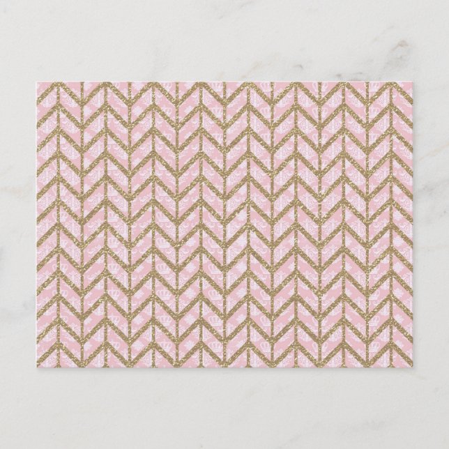Pink Gold Royal Damask Chevron Glitter Photo Print Postcard (Front)