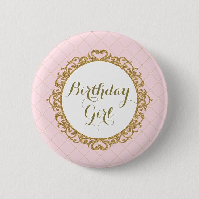 Pink Gold Royal Princess Birthday Girl Round Badge Button (Front)