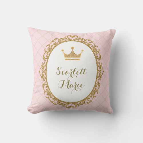 Pink Gold Royal Princess Crown Nursery Decoration Throw Pillow
