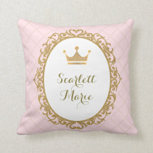 Pink Gold Royal Princess Crown Nursery Decoration Throw Pillow