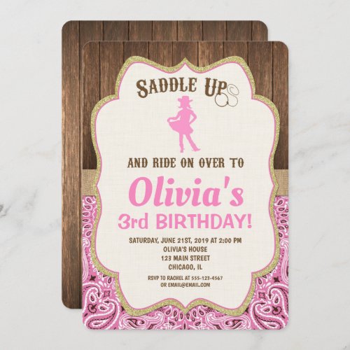 pink gold rustic cowgirl birthday invitations girl