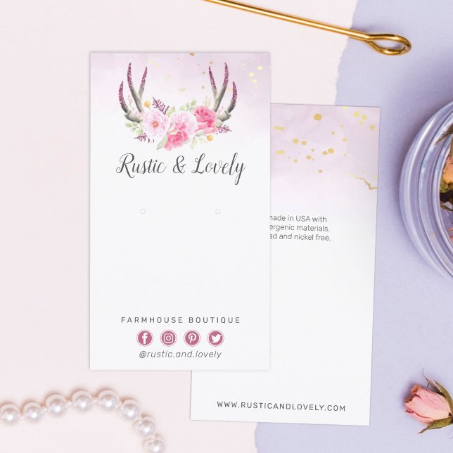 Pink Gold Rustic Floral Antlers Earring Jewelry Business Card (Creator Uploaded)