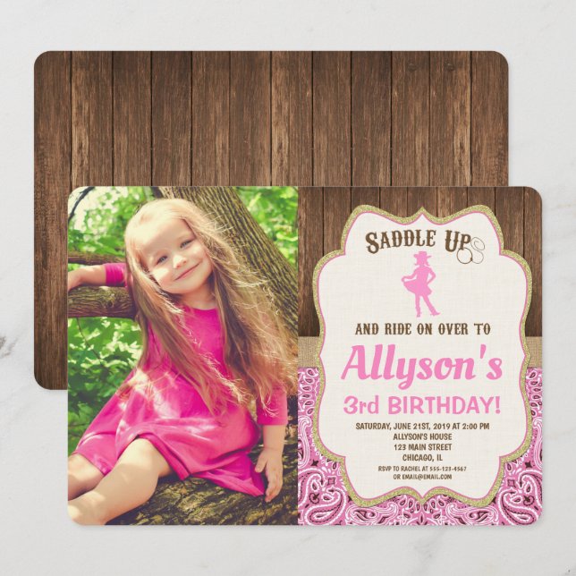 pink gold rustic girl cowgirl birthday photo invitation (Front/Back)