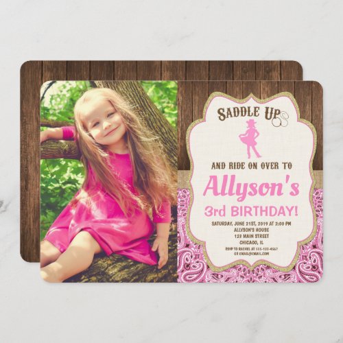 pink gold rustic girl cowgirl birthday photo invitation
