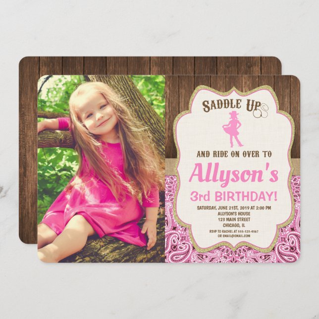 pink gold rustic girl cowgirl birthday photo invitation (Front/Back)