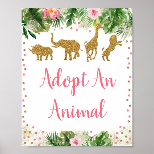 Pink  Gold Safari Adopt An Animal Birthday Sign