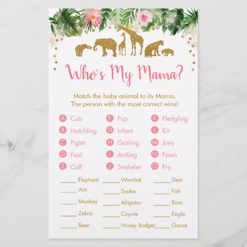 Pink  Gold Safari Animal Baby Animal Match Game