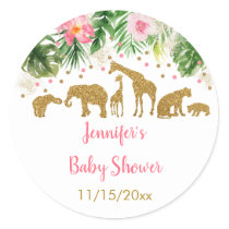 Pink & Gold Safari Animal Baby Shower Classic Round Sticker