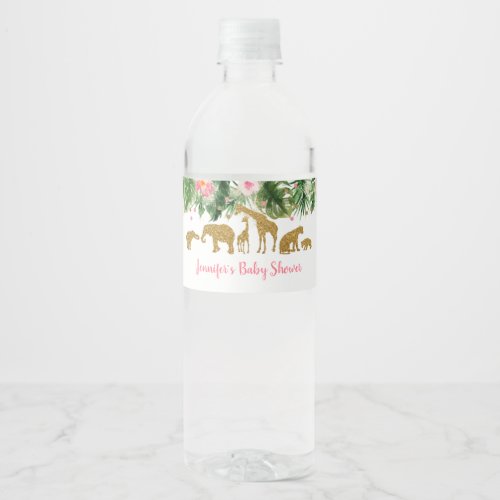 Pink  Gold Safari Animal Baby Shower Water Bottle Label