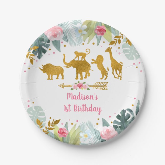 Pink Gold Safari Animal Greenery Birthday Paper Plates (Front)