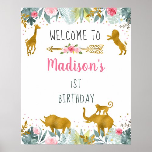 Pink Gold Safari Animal Greenery Birthday Welcome Poster