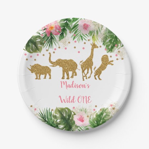 Pink  Gold Safari Animal Wild One First Birthday Paper Plates