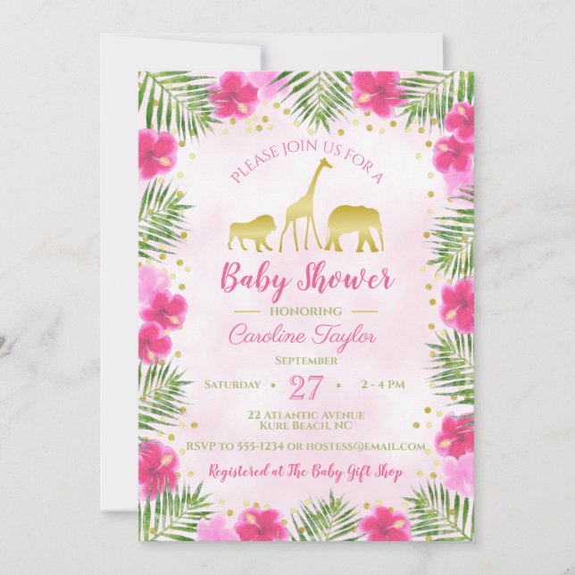 Pink Gold Safari Animals Floral Baby Shower Invitation (Front)
