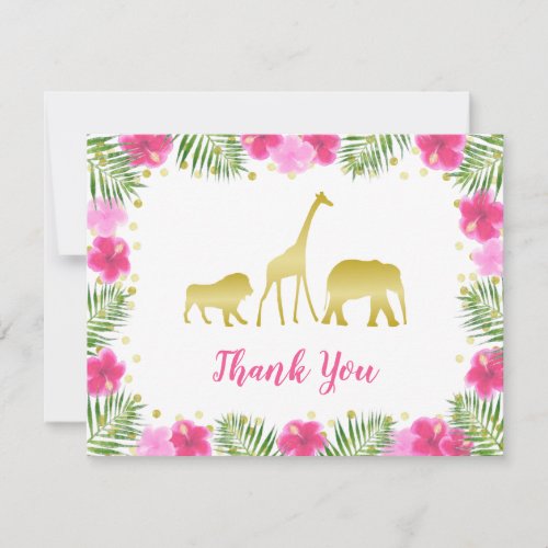 Pink Gold Safari Animals Floral Baby Shower Thank You Card