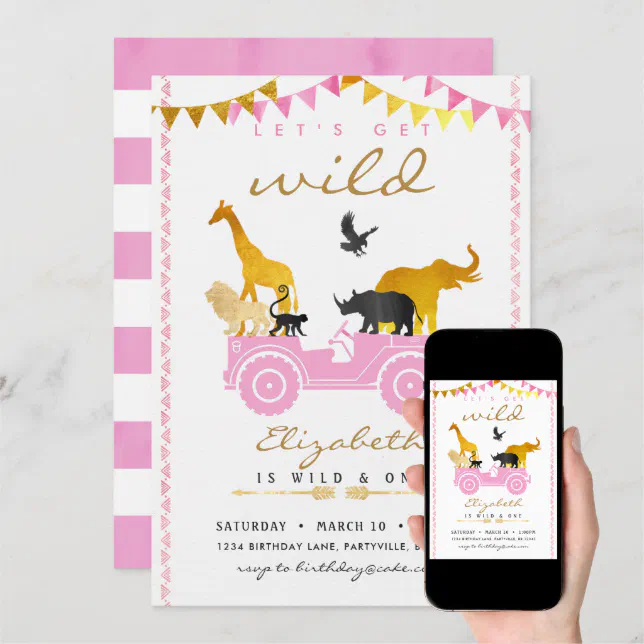 Pink Gold Safari Birthday Invitation | Zazzle